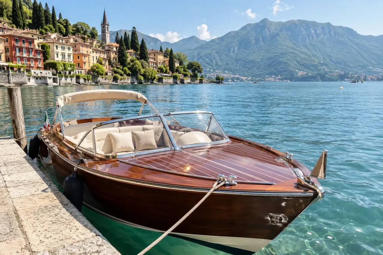 Your private wooden boat waiting on Lake Como