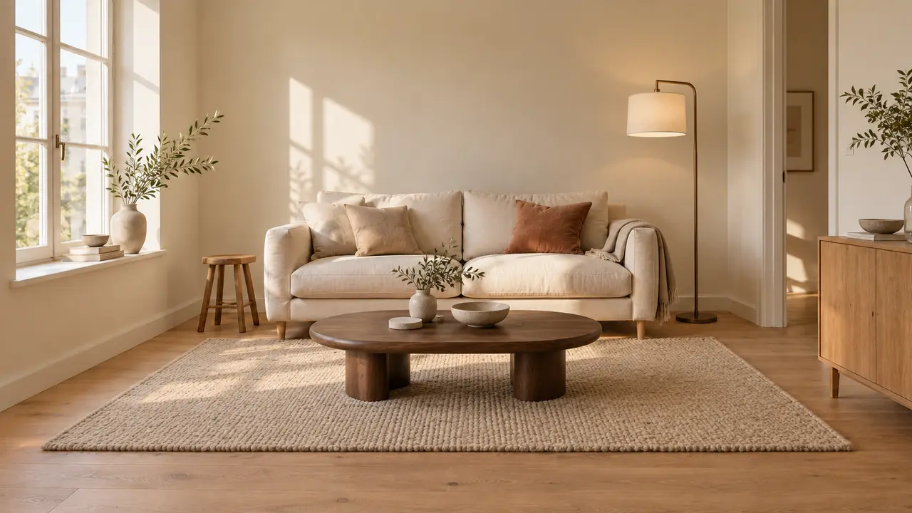 A living room with a walnut table, linen lamp, and wool rug